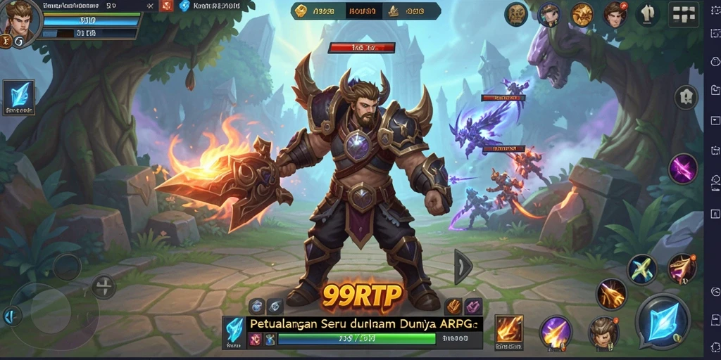 Tampilan layar gameplay seru 99RTP menunjukkan aksi penuh energi dalam pertempuran.