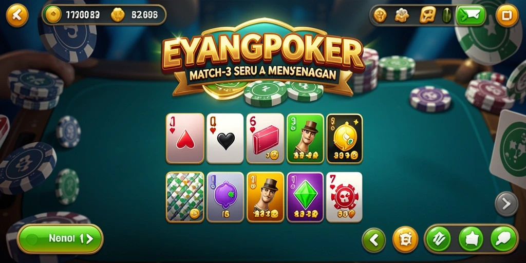 Gameplay seru EYANGPOKER dengan kombinasi Match-3 yang menantang.