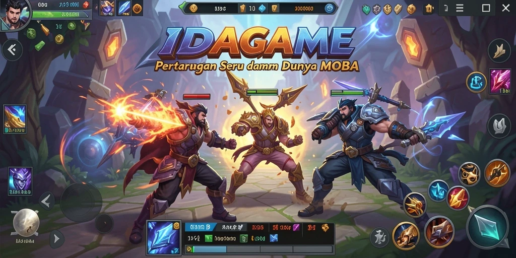 Tangkapan layar gameplay seru IDAGAME dalam pertarungan MOBA.