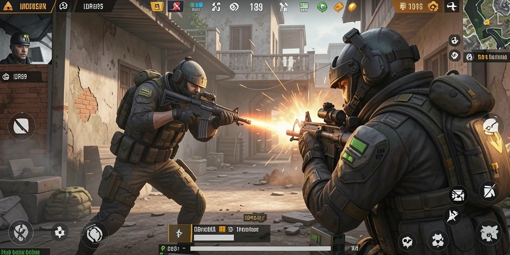Tampilan gameplay mendebarkan dengan aksi tembak-menembak intens.
