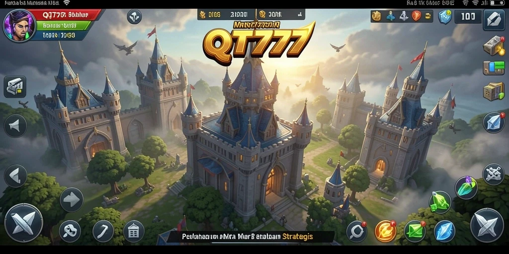 Tangkapan layar permainan QT777 dengan menara pertahanan dan musuh yang mendekat.