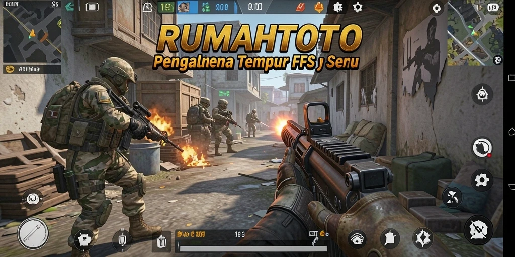 Tampilan gameplay RUMAHTOTO dengan aksi tembak-menembak yang intens.