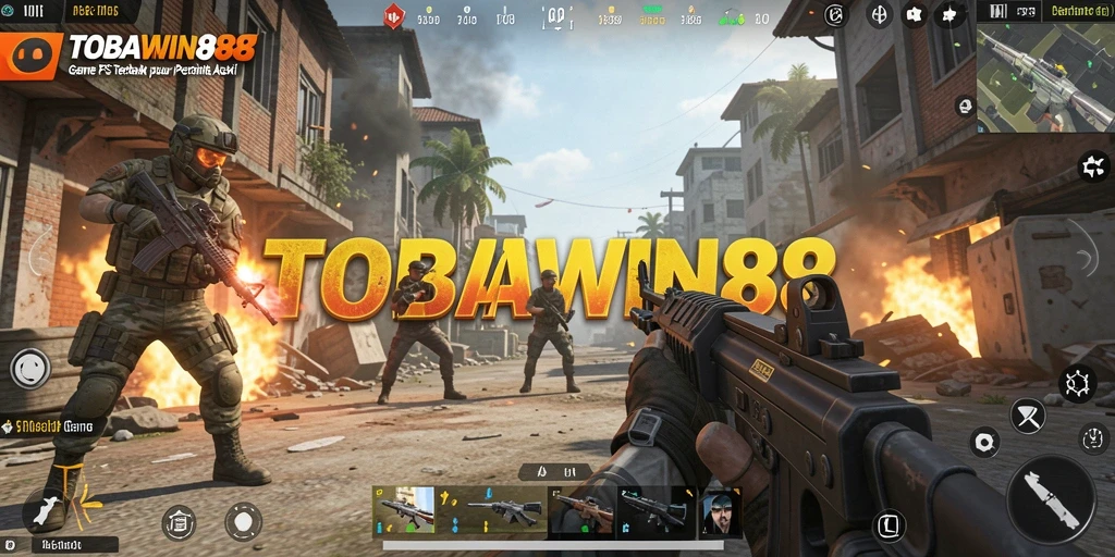 Screenshot TOBAWIN88 menampilkan aksi pertempuran seru dalam game FPS.