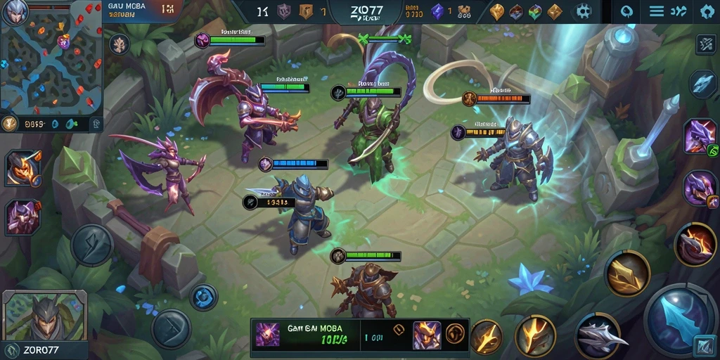 Tampilan gameplay seru dalam ZORO77 dengan aksi MOBA yang intens.